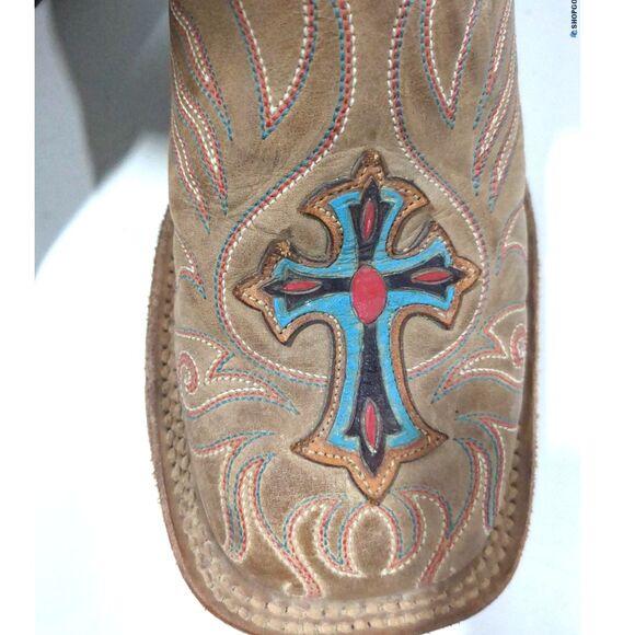 Tony Lama Vintage Tan/Teal Cowboy Boots with Cross - Size 7.5 - Picture 3 of 6